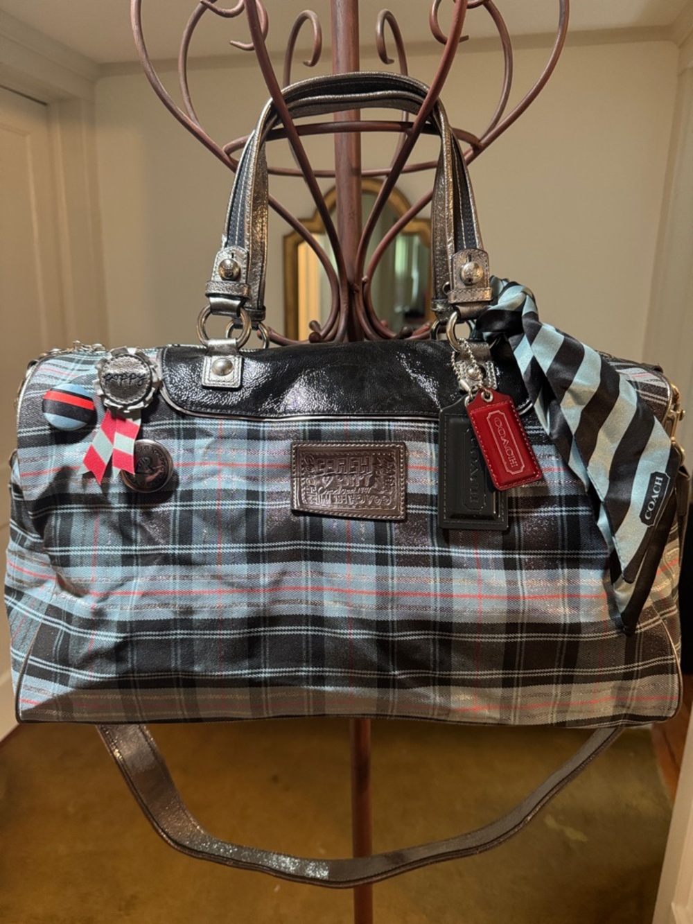 Coach Poppy Limited Addition Tartan Glam Travel Duffle with Shoulder Strap